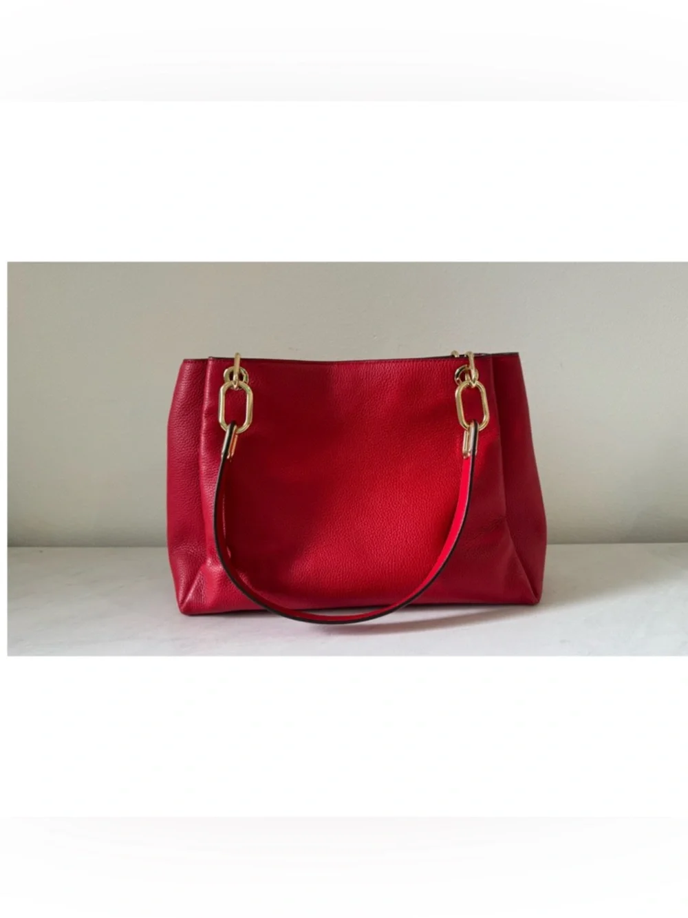 Michael Kors Red Pebble Leather Shoulder Tote with Gold Hardware